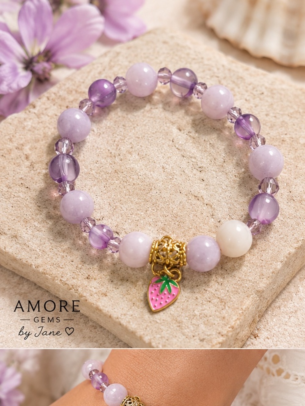 Amore Gems Berry Bliss Bracelet - Lilac & Gold with Enamel Strawberry Charm